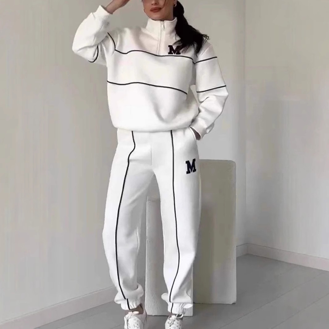 2024欧美跨境爆款女装卫衣字母烫画长袖长裤拉链休闲运动两件套装