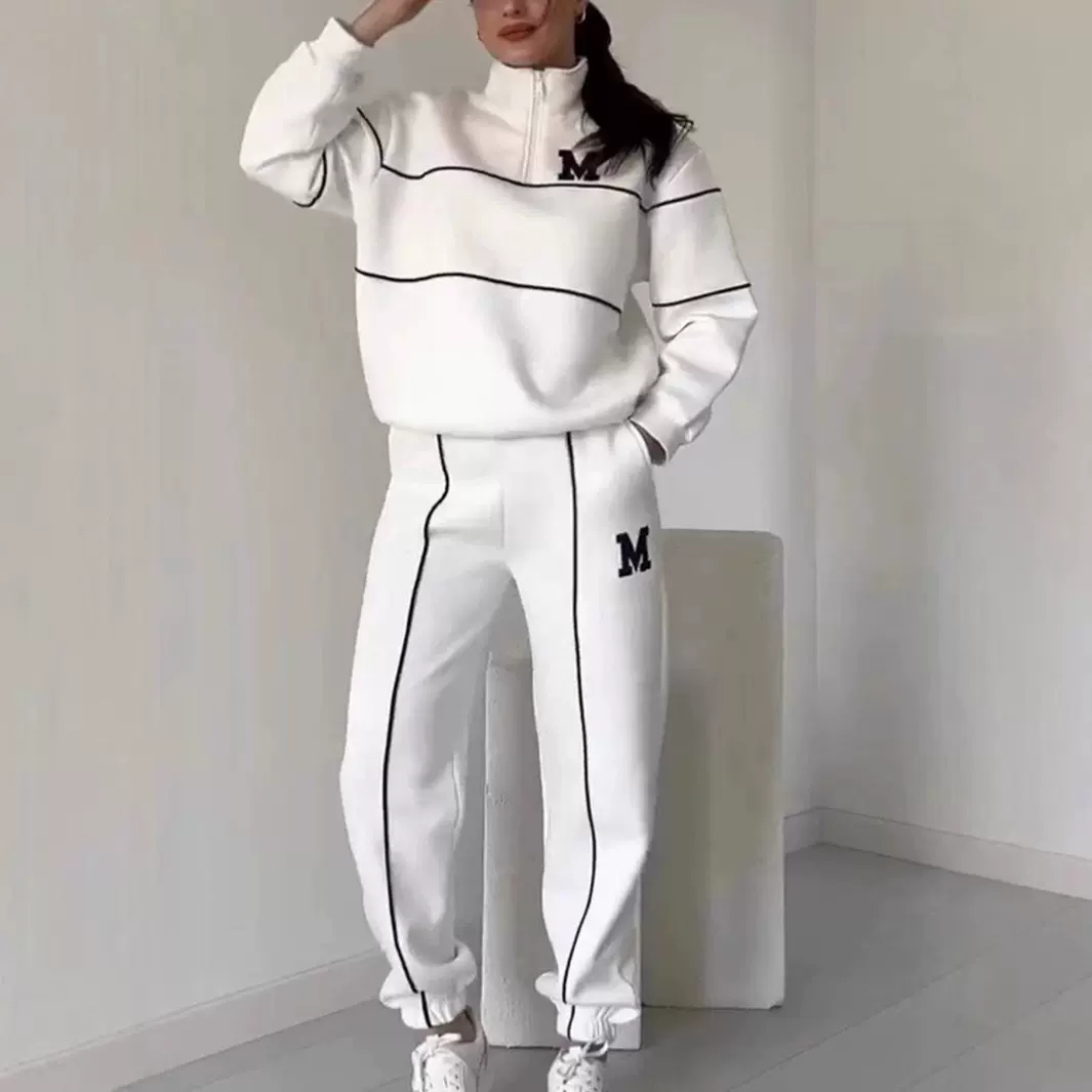 2024欧美跨境爆款女装卫衣字母烫画长袖长裤拉链休闲运动两件套装