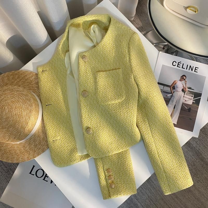 Ladies' Round Neck Spring Autumn French Style Coat 2025 New Arrival High-Grade Yellow Noble Lady Elegant Top Short