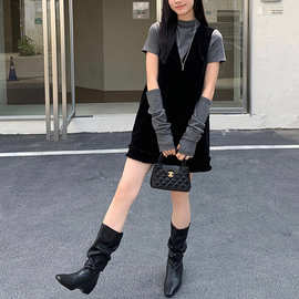 OURLIK2025冬季半高领灰色波点打底衫黑色丝绒背心连衣裙两件套装