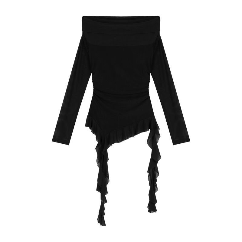 一字の肩の網の紗の長袖の日焼け止めのtシャツの女性の秋の修身のリボンの不規則な甘いギャルのガードルの短い上着|undefined