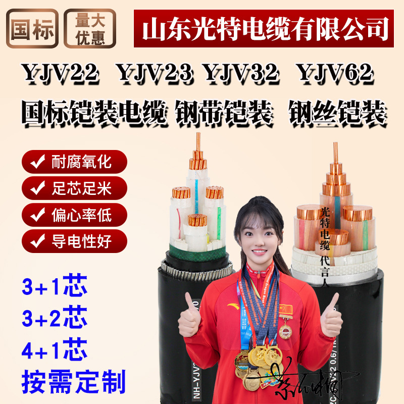 YJV22国标ZC铜芯钢丝YJV32钢带铠装电缆线4芯3+2*50平方95铜线75