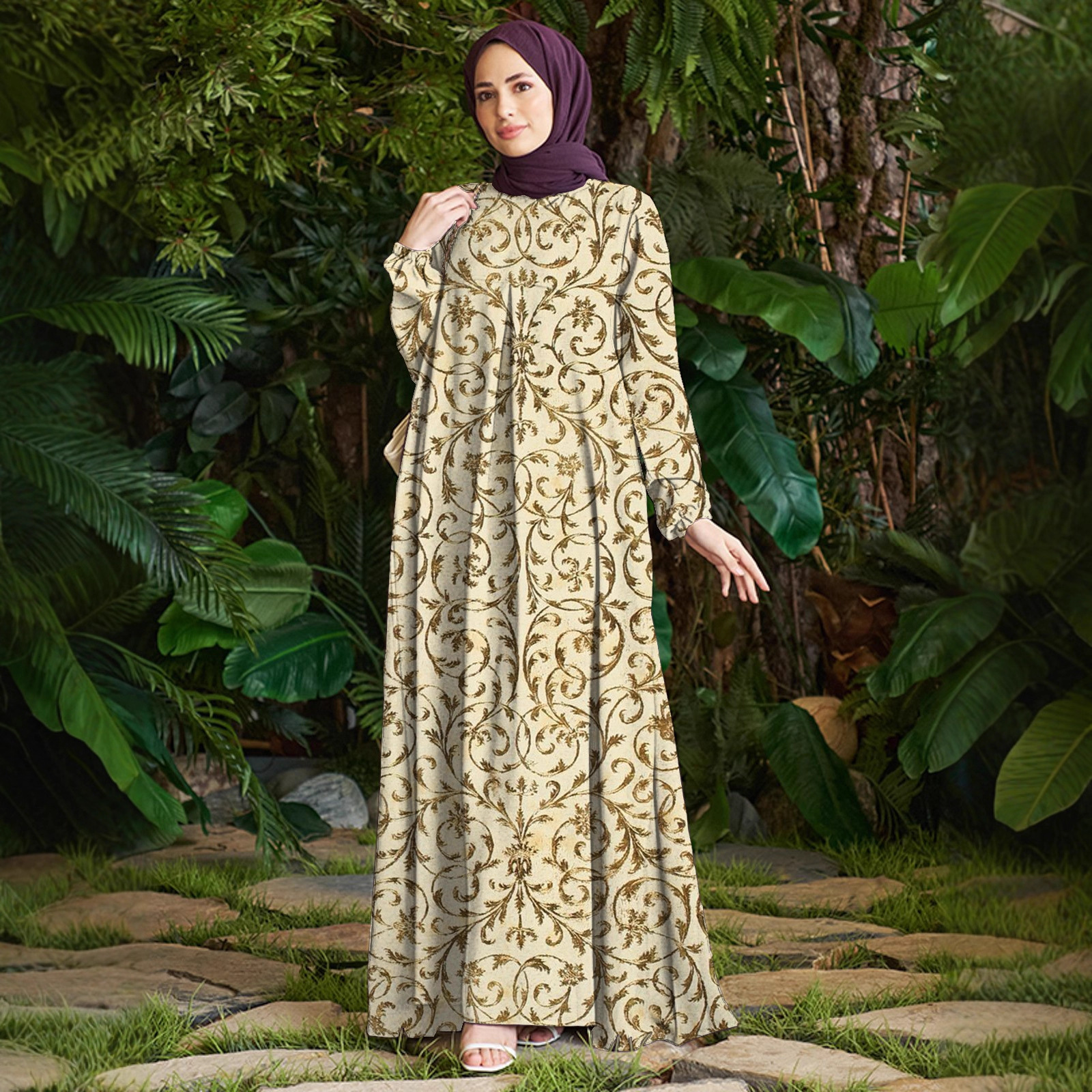 Vacation Beach Cross-Border European American Style Dress Women's Polyester Muslim Dress_ecoleips.com