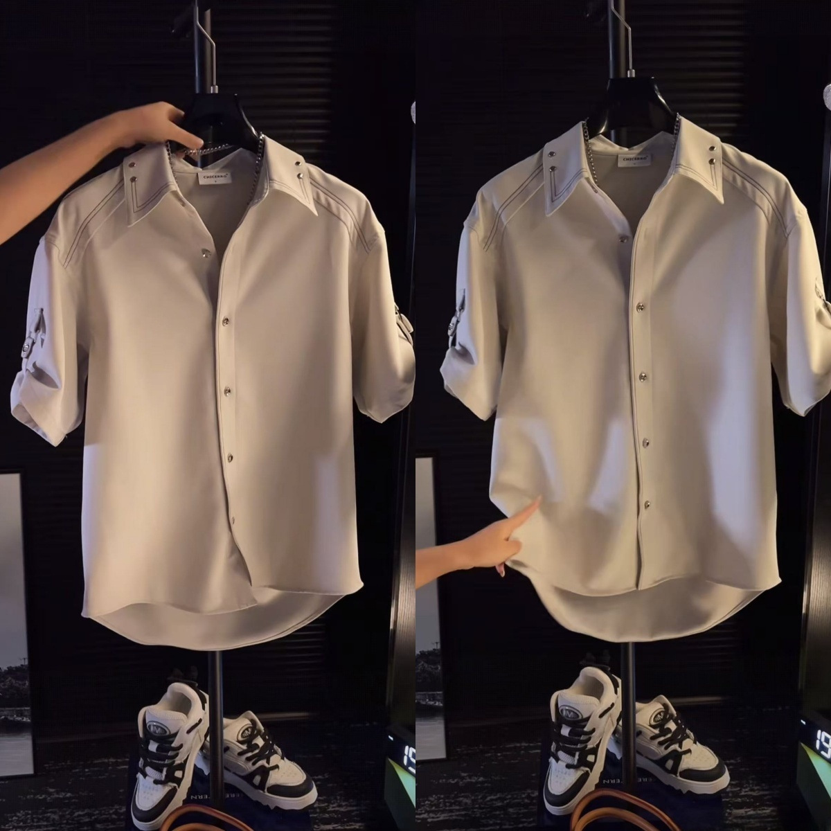 Summer Fashion Versatile Men's Niche Design Topstitch Studded Shirt Short Sleeve Casual Loose Fashion Trendy Brand