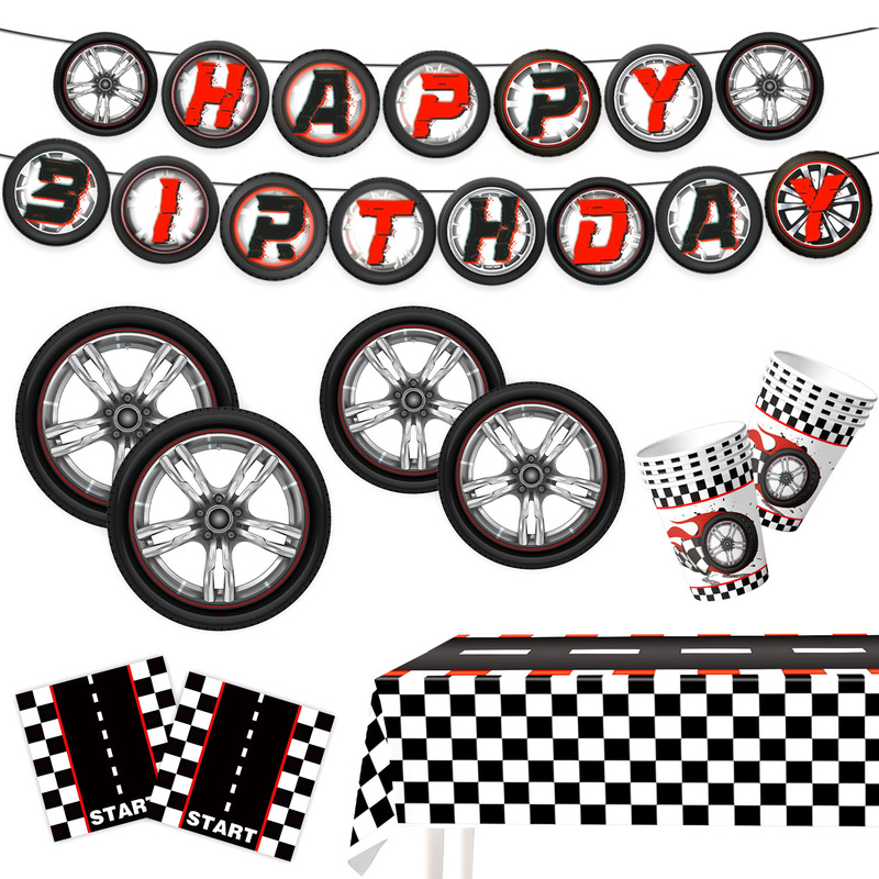 Cross Border Racing Wheel sports car Theme Boys Birthday Party Disposable Paper Tray Paper Cup Flag Tablecloth Supplies
