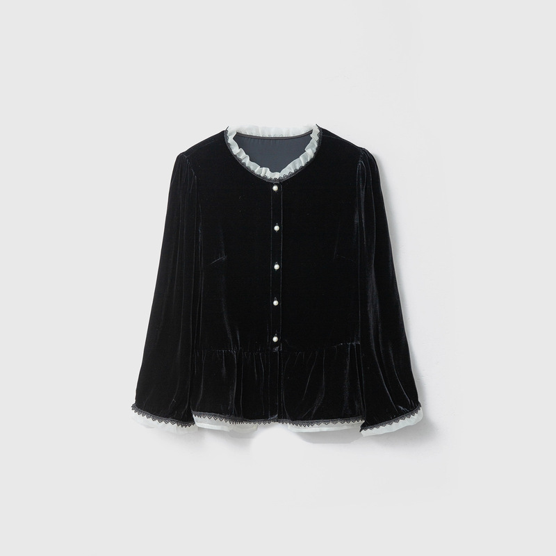 High-End Heavy-Duty Velvet Silk Cardigan Top Round Neck Spliced ​​Organza Lace Long-Sleeved Mulberry Silk Jacket for Women