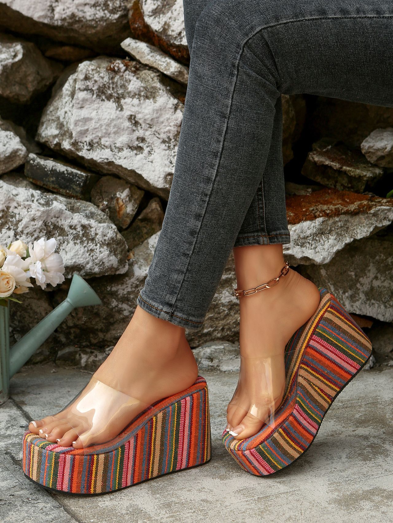 Women's Plus Size Striped Colorful Platform Sandals European American Style Transparent Wedge Summer New Style Size 43_vogvips.com
