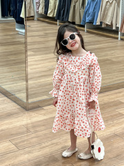女童娃娃裙2024春女寶寶復古橘色碎花V字領木耳邊棉布公主連衣裙