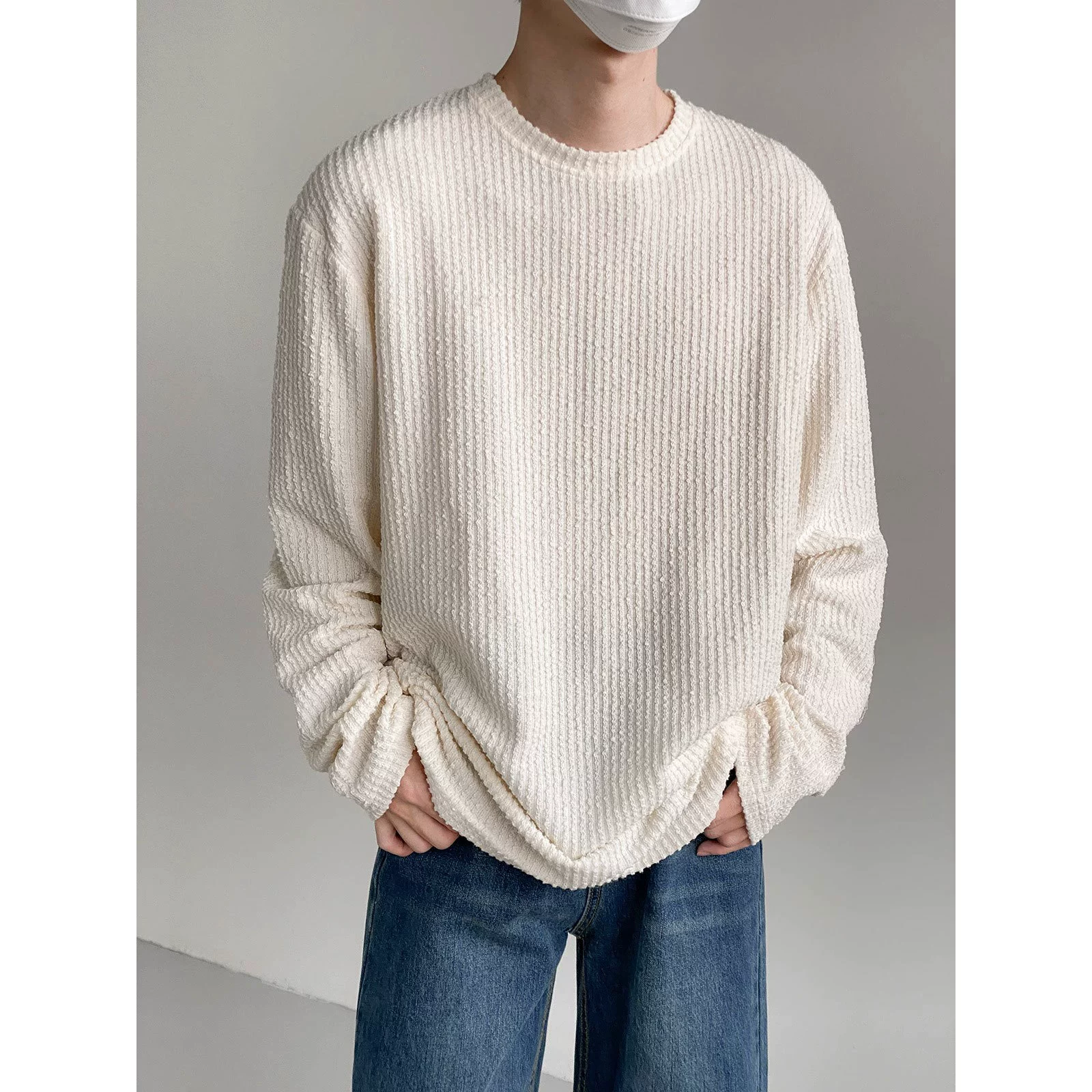 Высококачественная текстурная футболка в полоску с длинными рукавами, Мужская Осенняя новая свободная Повседневная Нижняя рубашка, мягкий клейкий топ с круглым вырезом, модный