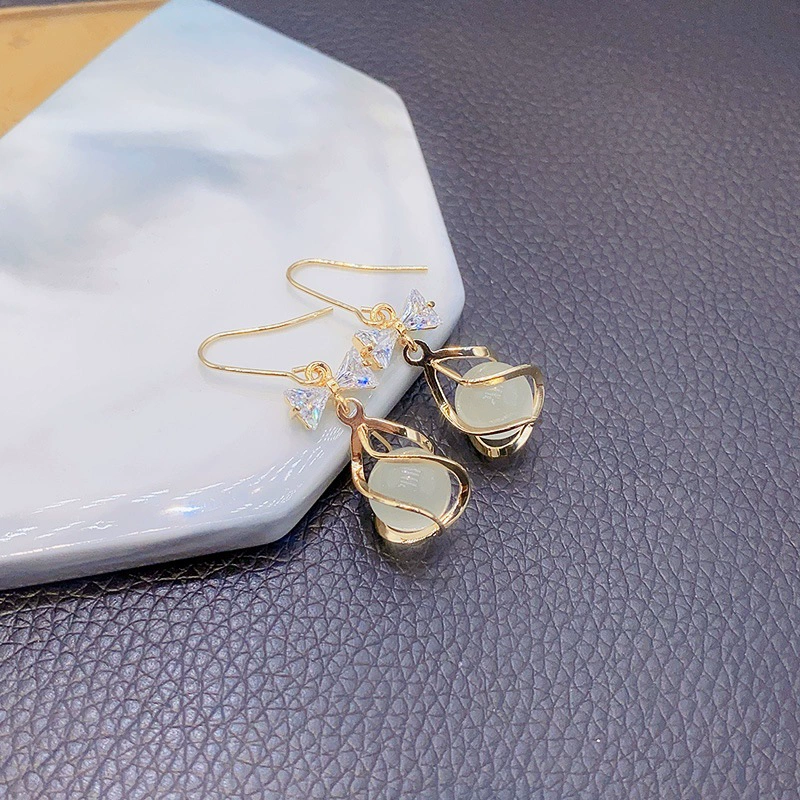Earrings with zircon with bow, silver 925 sample, cat's eye, internet celebrity