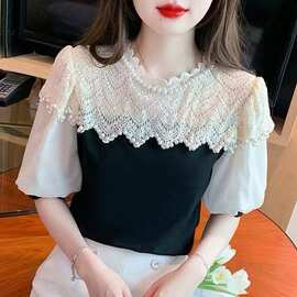 2026夏季新款韩版荷叶边重工钉珠蕾丝衬衫T恤女短袖上衣小衫潮流