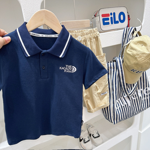 Boys short-sleeved polo shirt lapel T-shirt summer middle and older children's clothing baby half-sleeved style letter top trendy