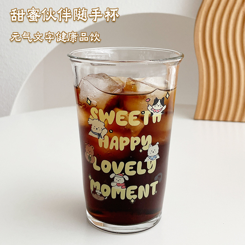高颜値女性冷たいドリンクカップかわいい厚いガラスカップ学生コーヒーミルクカップ漫画ジュース飲料カップ|undefined