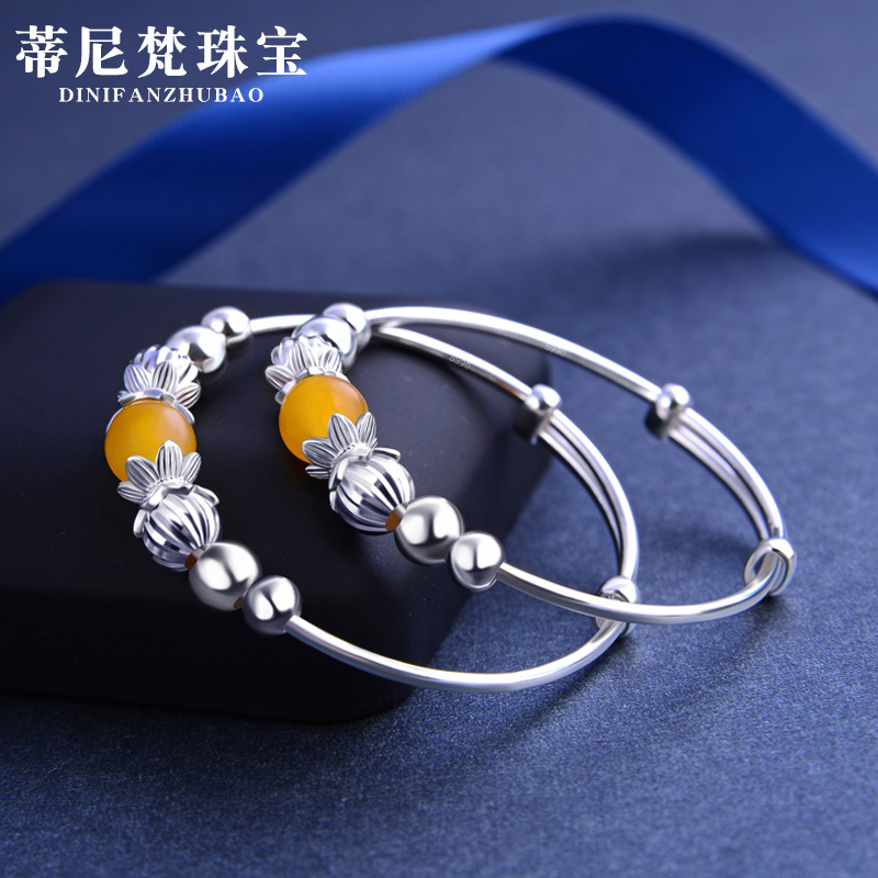 Calcedonia cuentas s990 plata pura bebé pulsera de plata esterlina niños y niñas niños pulsera de plata Anillo de pie Luna Llena regalo