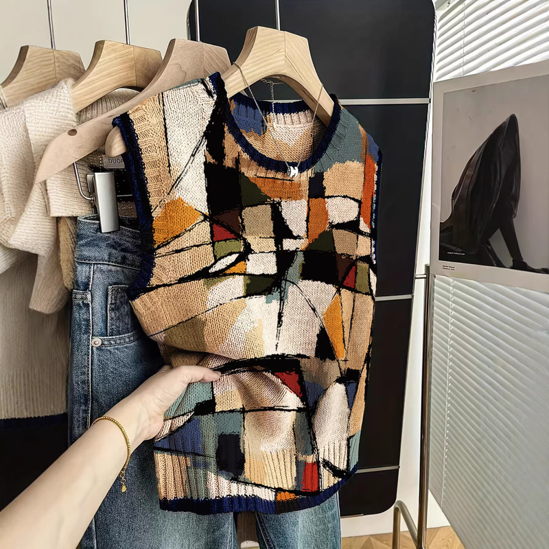 Cross-Border Amazon Hot-Selling Abstract Geometric Print Knitted Vest for Women, Deep Blue Fringed Healing Style Sleeveless Top Cross-Border Amazon Hot-Selling Abstract Geometric Print Knitted Vest for Women, Deep Blue Fringed Healing Style Sleeveless Top