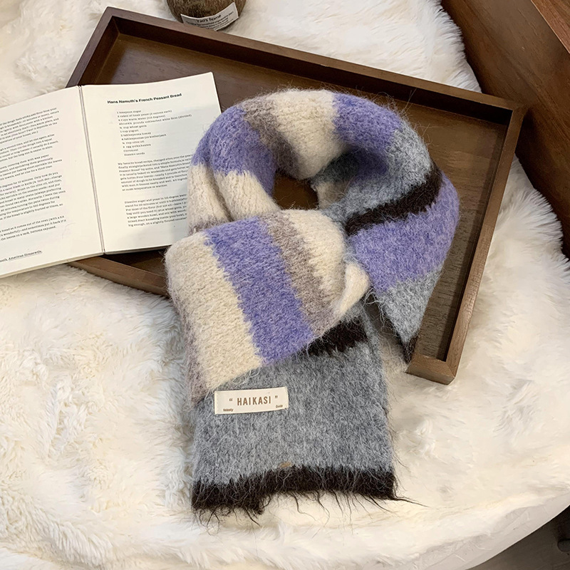Bufandas de lana de punto de invierno para mujeres nuevas versiones coreanas de alto nivel de lana de estilo de estilo de estudiantes de buñuelo de rayas cálidas