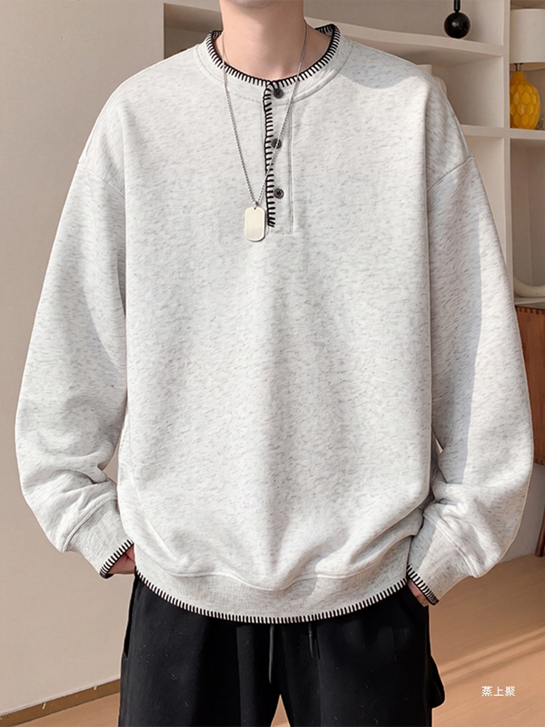 Embroidered Henley collar sweatshirt, men's loose-fit heavyweight top for autumn, 2026 new trendy brand, hoodless jacket