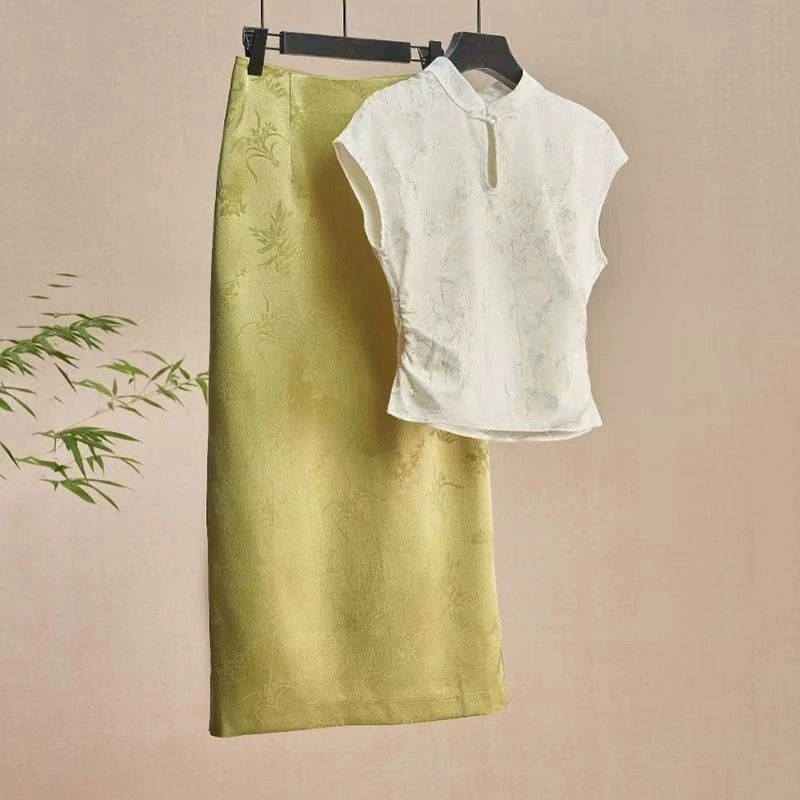 Новый китайский стиль дзен-итальянская жаккардовая куртка cheongsam бюстная юбка костюм женский 2025 новый летний костюм с полным набором