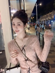 鱼兔子的兔子「约会穿搭」蕾丝拼接针织衫女秋季蝴蝶结粉色上衣