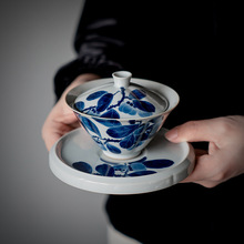 纯手绘柿子复古青三才盖碗茶杯家用单个陶瓷泡茶碗带盖子功夫茶具