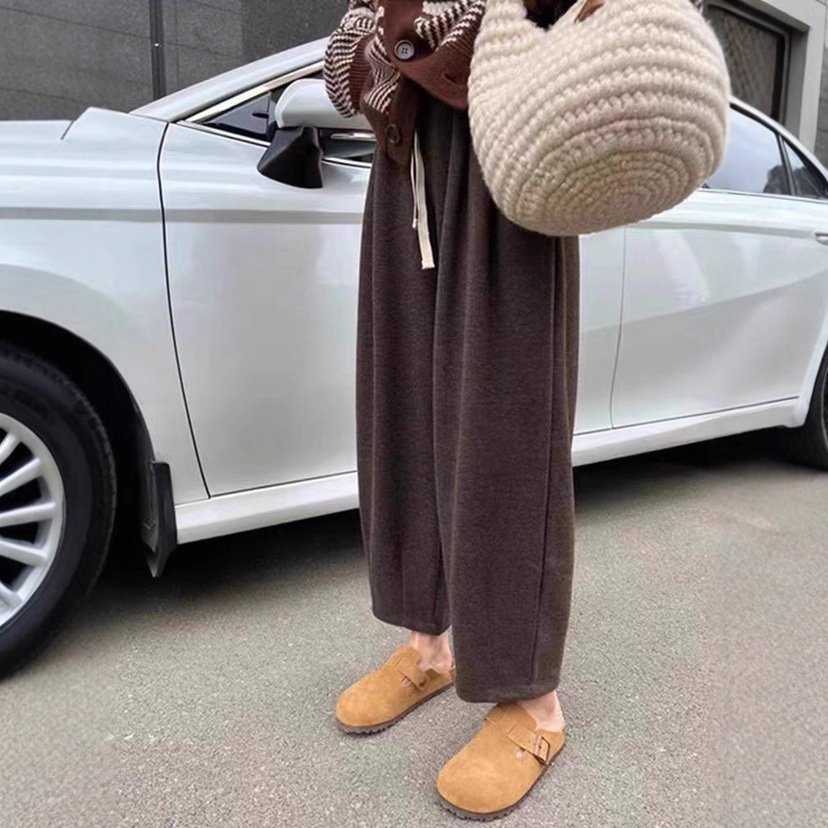 冬装新品 韩版系带高腰显瘦加绒加厚休闲长裤女直筒裤减龄保暖