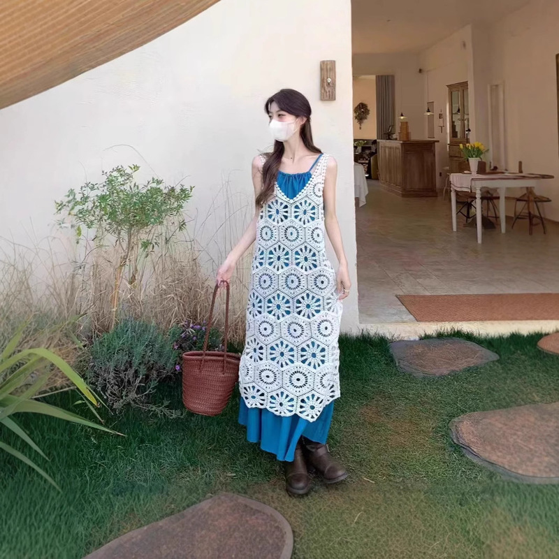 2025 Retro Bohemian New Summer Suspender Hook Flower Cut Out Dress Vacation Loose Sleeveless Blouse Suit 2025 Retro Bohemian New Summer Suspender Hook Flower Cut Out Dress Vacation Loose Sleeveless Blouse Suit