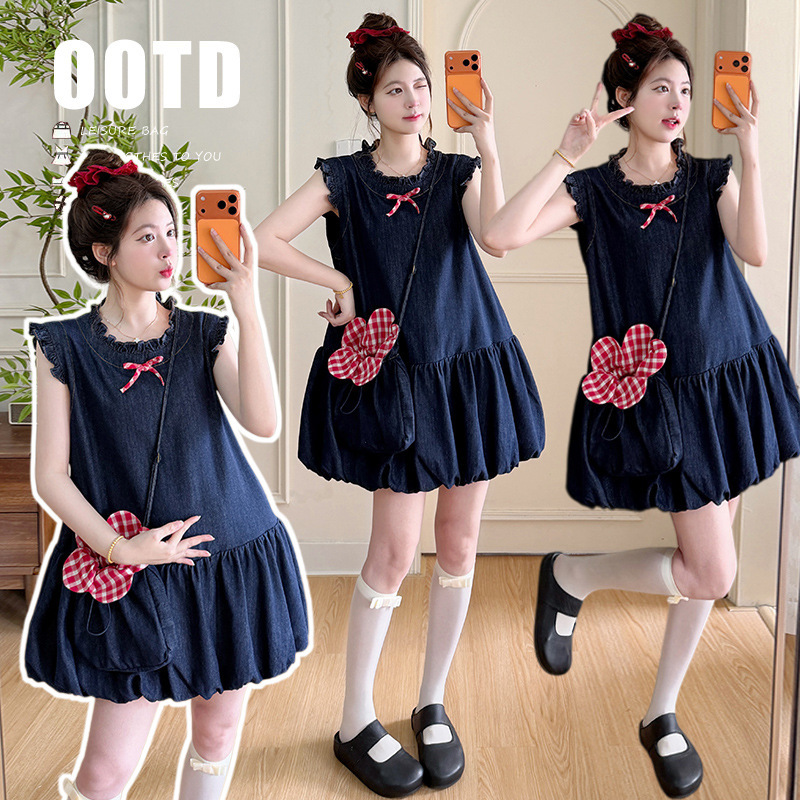 Real Shot of Maternity Dress, Summer Outfit, Cute and Stylish Bow-Knot Denim Design, Babydoll Flower Bud Dress with Matching Bag Real Shot of Maternity Dress, Summer Outfit, Cute and Stylish Bow-Knot Denim Design, Babydoll Flower Bud Dress with Matching Bag