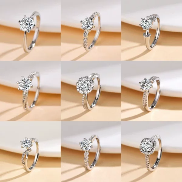 High-End Six-Claw Simulated Diamond Ring for Women, Simple and Fashionable Couple Style Zircon Pair Ring, Proposal Wedding Open Ring Wholesale