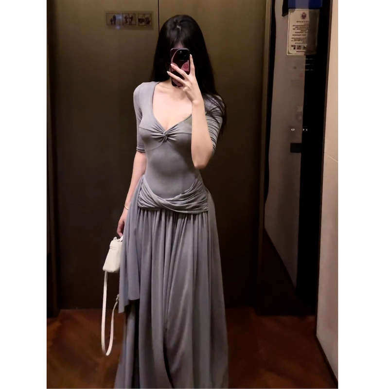 欧美跨境亚马逊法式纯欲灰色扭结连衣裙女夏季新款感气质收腰长裙|undefined