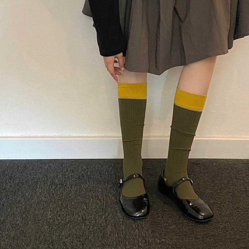 Ins Korea Dongdaemun Color-Blocking Contrast Calf Socks Gray Knee-High Socks Women's Socks Basic Versatile College Style