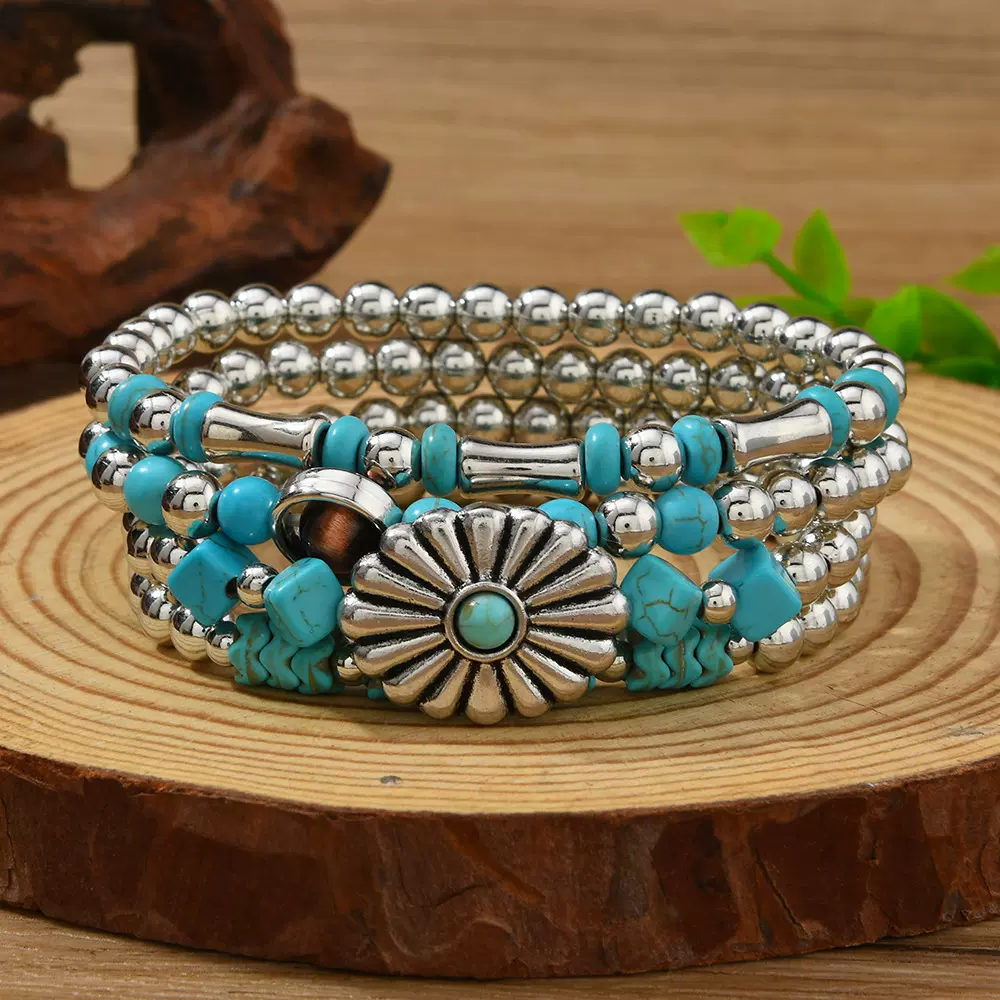 新款跨境波西米亚风手工串珠手串绿松石复古花女士热销多件套手串