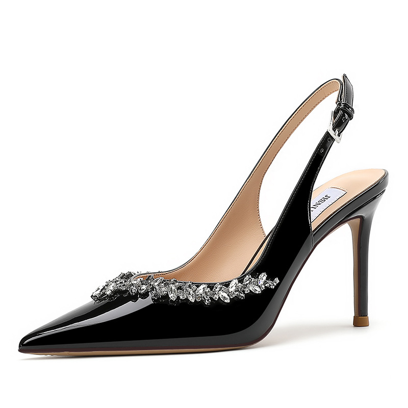Black high heels stiletto heels pointed-toe with a strap
