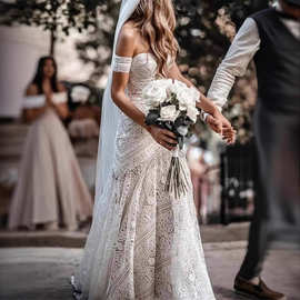 速卖通欧美抹胸白色简约婚纱修身性感小拖尾鱼尾裙户外婚礼礼服女