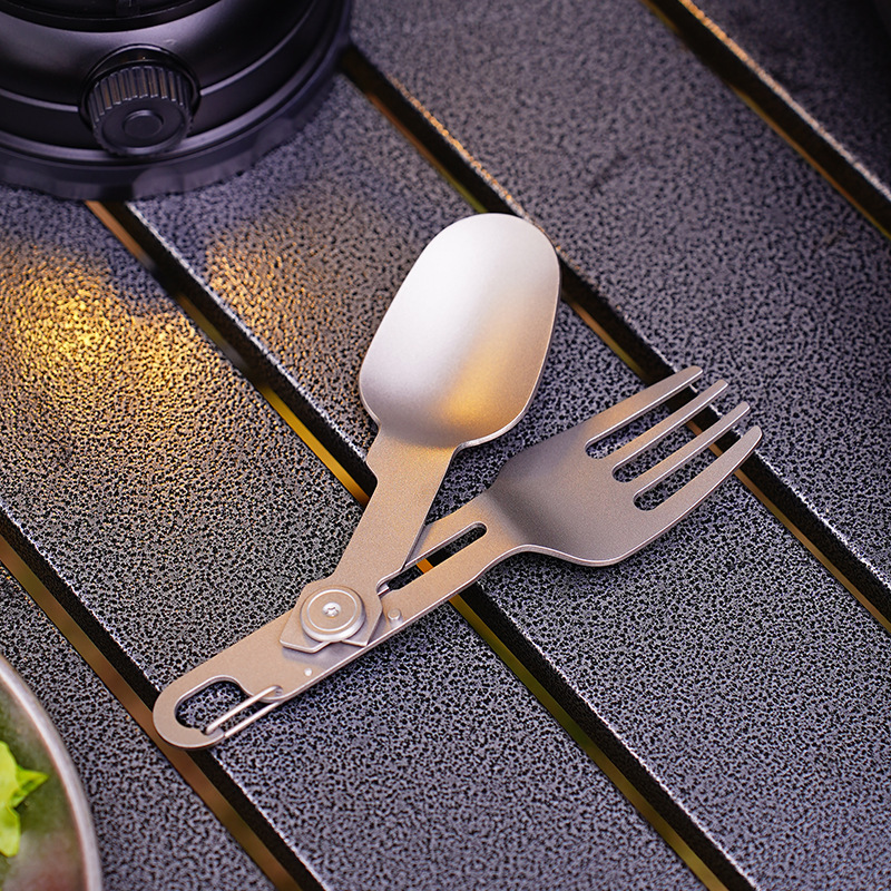 純チタンアウトドア折りたたみ食器双頭スプーンとフォーク一体型スプーンとフォーク折りたたみキャンプ軽量食事ピクニックポータブル|undefined