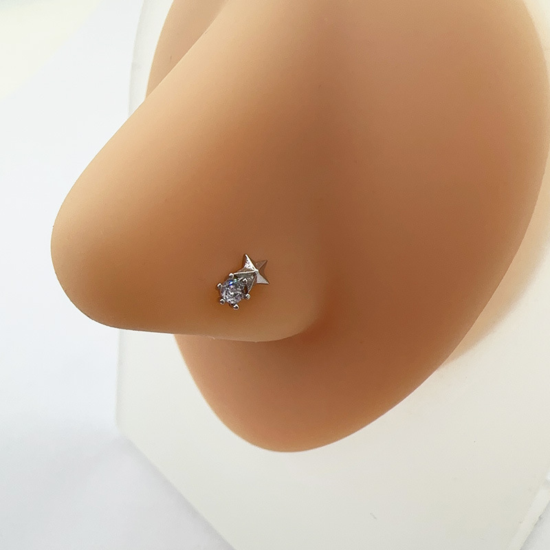 Piercing de nez en zircon blanc en forme d'étoile, tige en L, style européen et américain, calibre 20G, vente en gros transfrontalière, bijoux simples_voghion.com