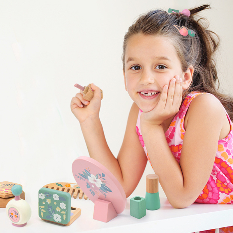 Vestir para niños, vestir, jugar a las casas, juguetes, simulación divertida, bolsa de cosméticos, corte de pelo, juguetes de madera, regalo de cumpleaños para niñas