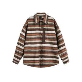 KAIZ凯众2025秋季新品国潮复古民族风拼色条纹加绒宽松休闲衬衫男