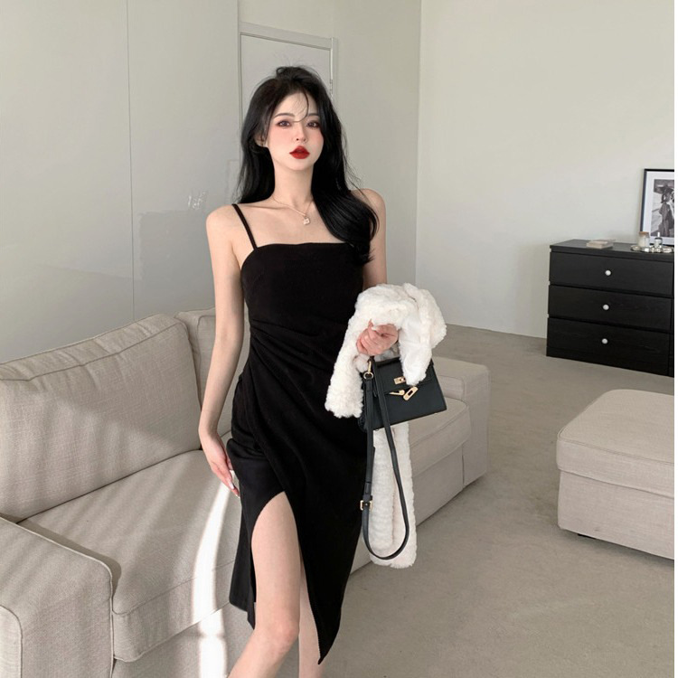 2025년 신상품 크로스보더 퓨어디자이너 스타일 라이트 매튜 심플 여름 슬링 슬릿 플리츠 원피스 기질 미디엄 렝스 스커트 여성용