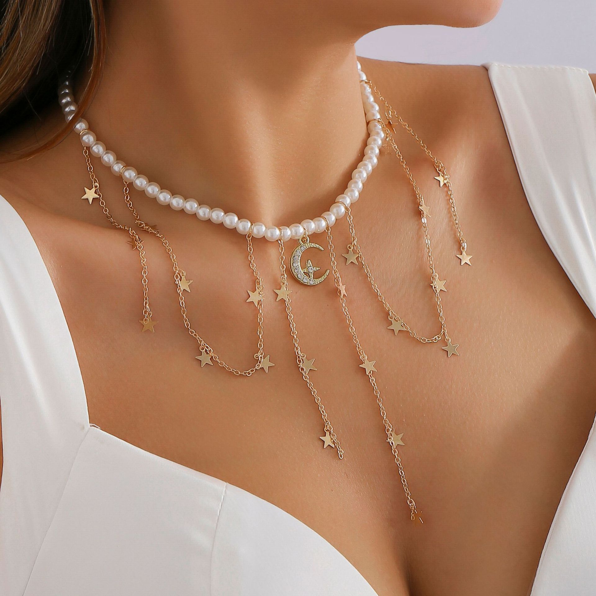 Simple Style Star Moon Metal Pearl Necklace display picture 3