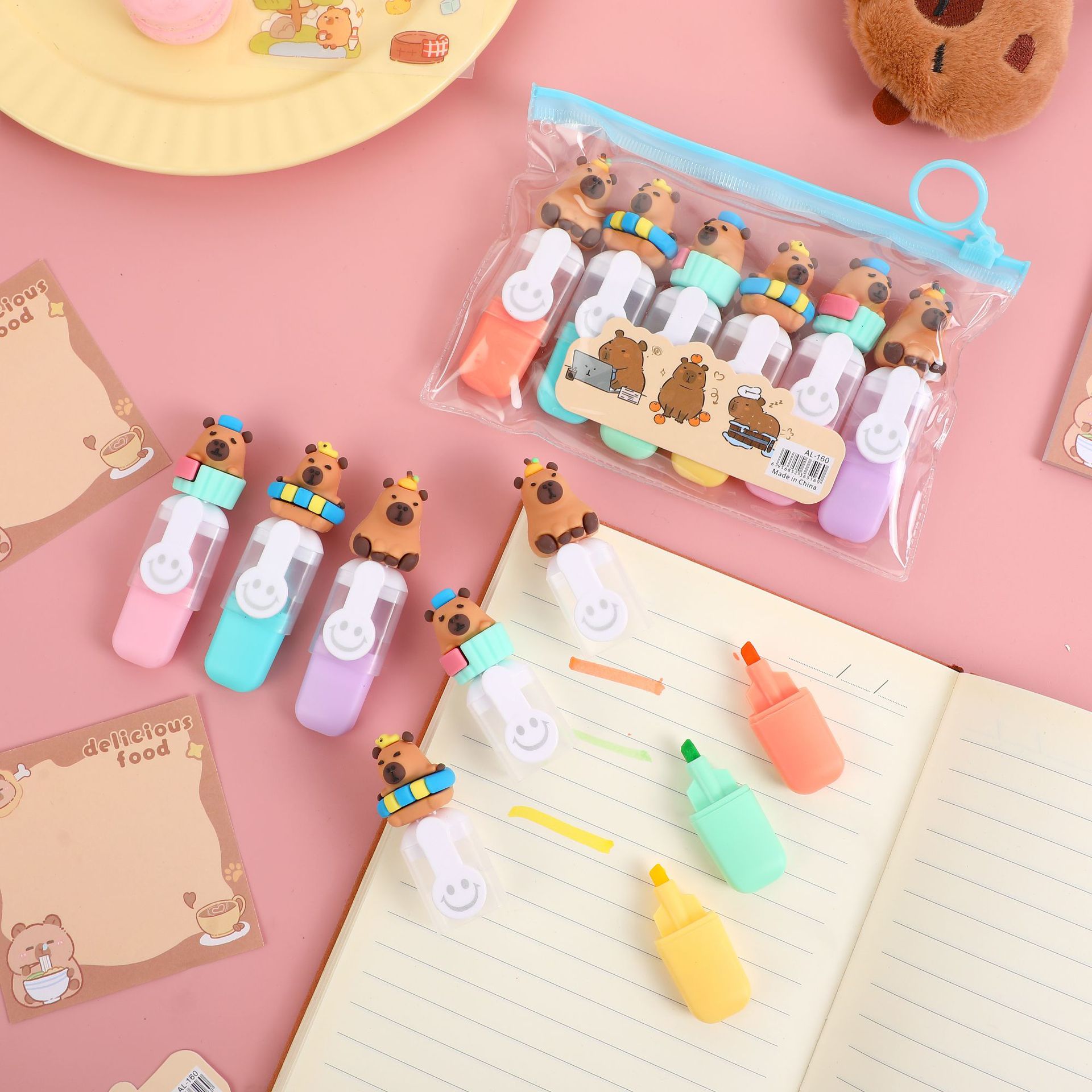 Capibara mini resaltador adorable estudiante dibujo creativo pintado trazos de coloración marcador clave