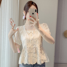新中式重工刺绣衬衫女夏季国风方领盘扣裙摆衬衣复古泡泡短袖上衣