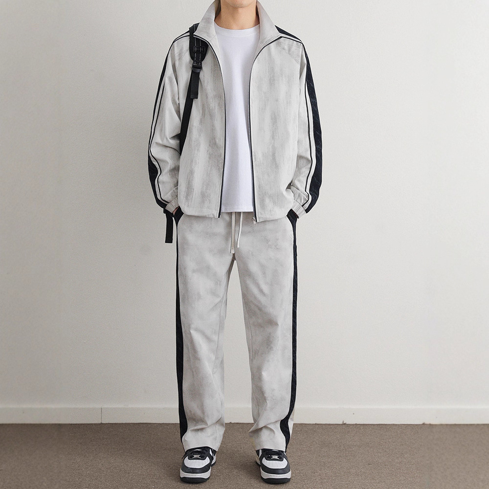 Men's Plus Size Stand Collar Jacket Set for Spring and Autumn - American Casual Jacket and Pants Two-Piece Set for Fat Men
