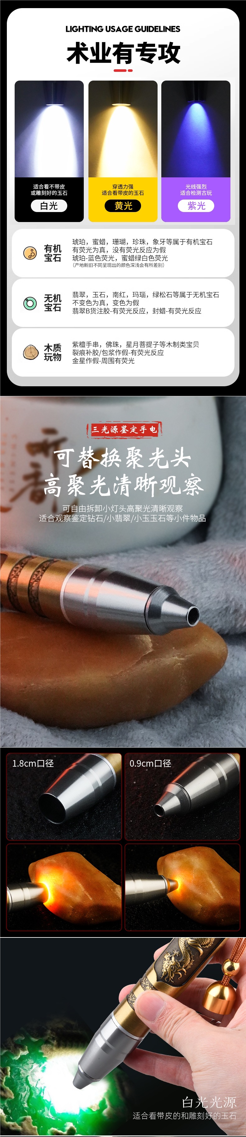Specialized high-intensity UV light for jadeite inspection, 365nm professional ultraviolet light with small aperture for identifying jewelry and jade