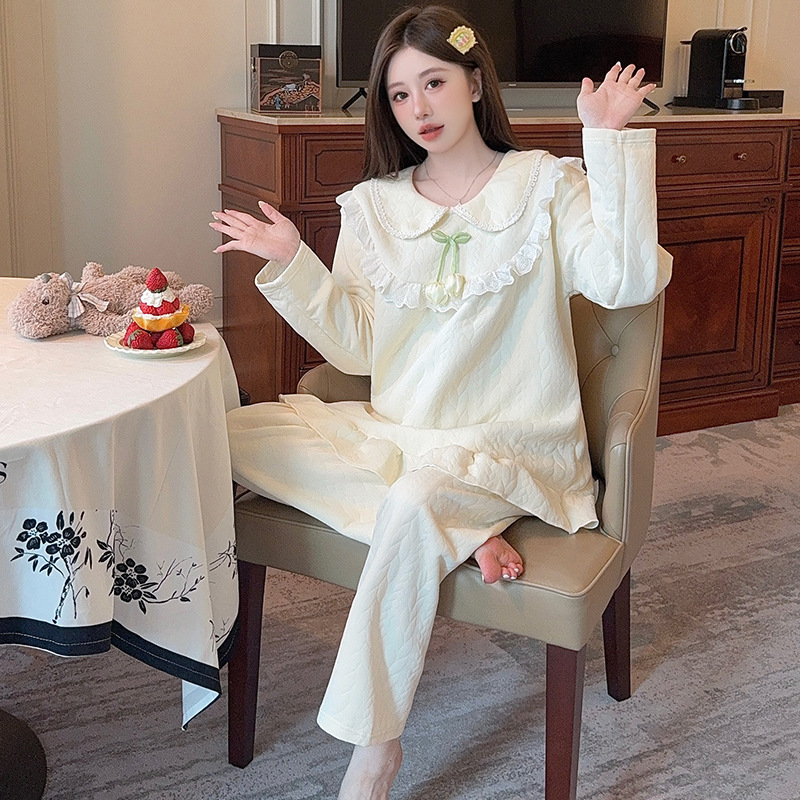 胖mm睡衣女款秋冬季空气棉夹层娃娃领长袖甜美宽松大码家居服套装|undefined