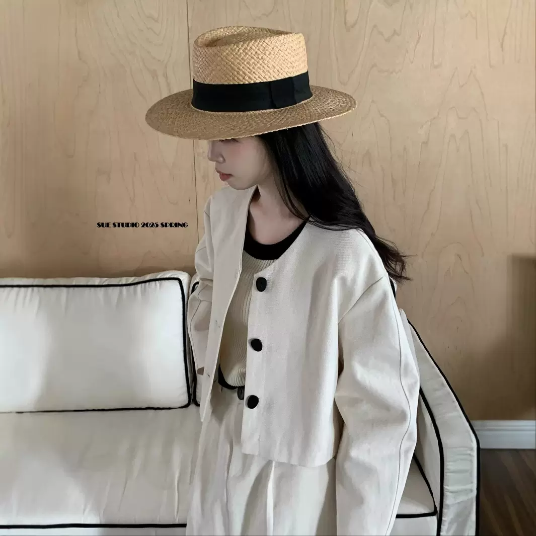 SUE早春新款V领百搭休闲小西装上衣女韩系简约开衫短外套潮79012