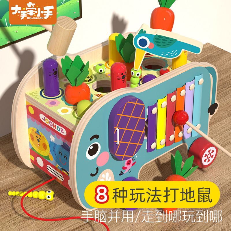 Juguetes multifuncionales para niños elefantes tocando piano arrastrando martillo golpeando pareja de juguetes de madera interactivos padres e hijos