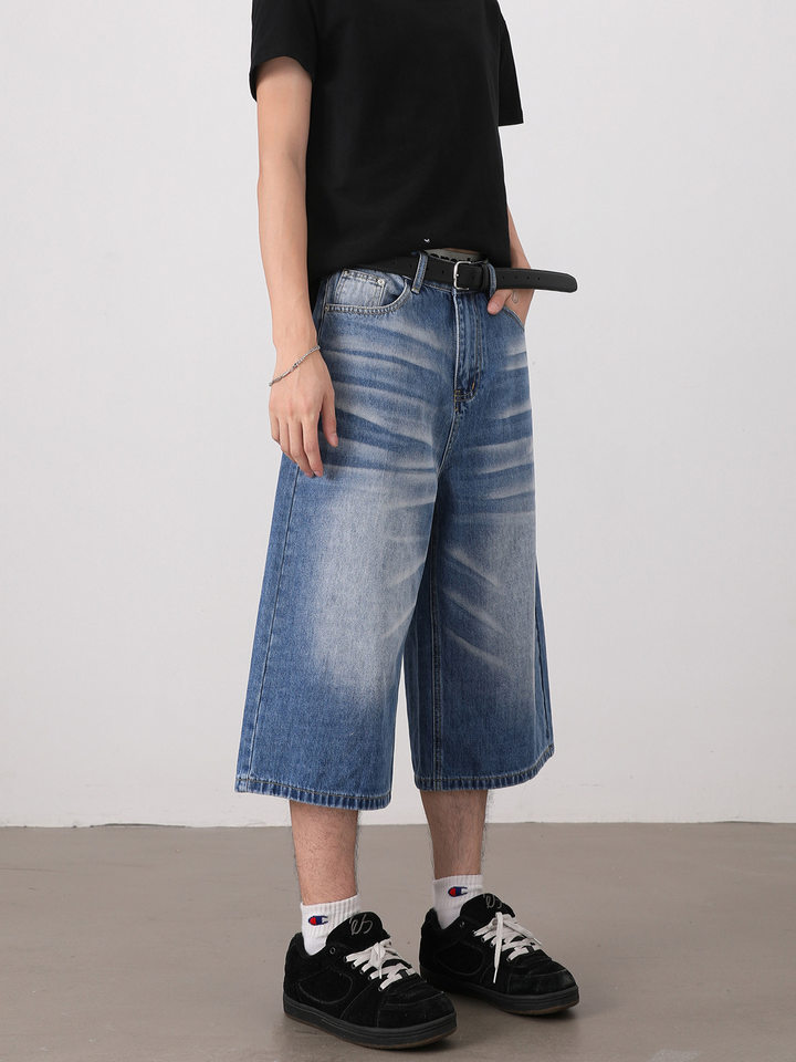 Quần short jeans nam ống rộng dáng lửng phong cách retro giặt mài — Màu xanh dương, Xanh nhạt