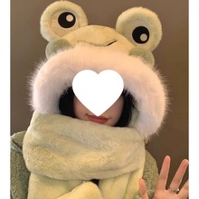 可爱青蛙帽子围巾一体女冬季骑车防寒加厚保暖围脖毛绒手套三件套