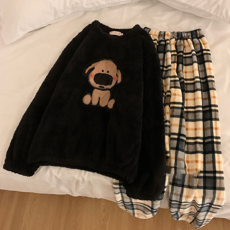 亚马逊珊瑚绒睡衣女款冬加厚加绒圆领法兰绒可外穿家居服工厂批发