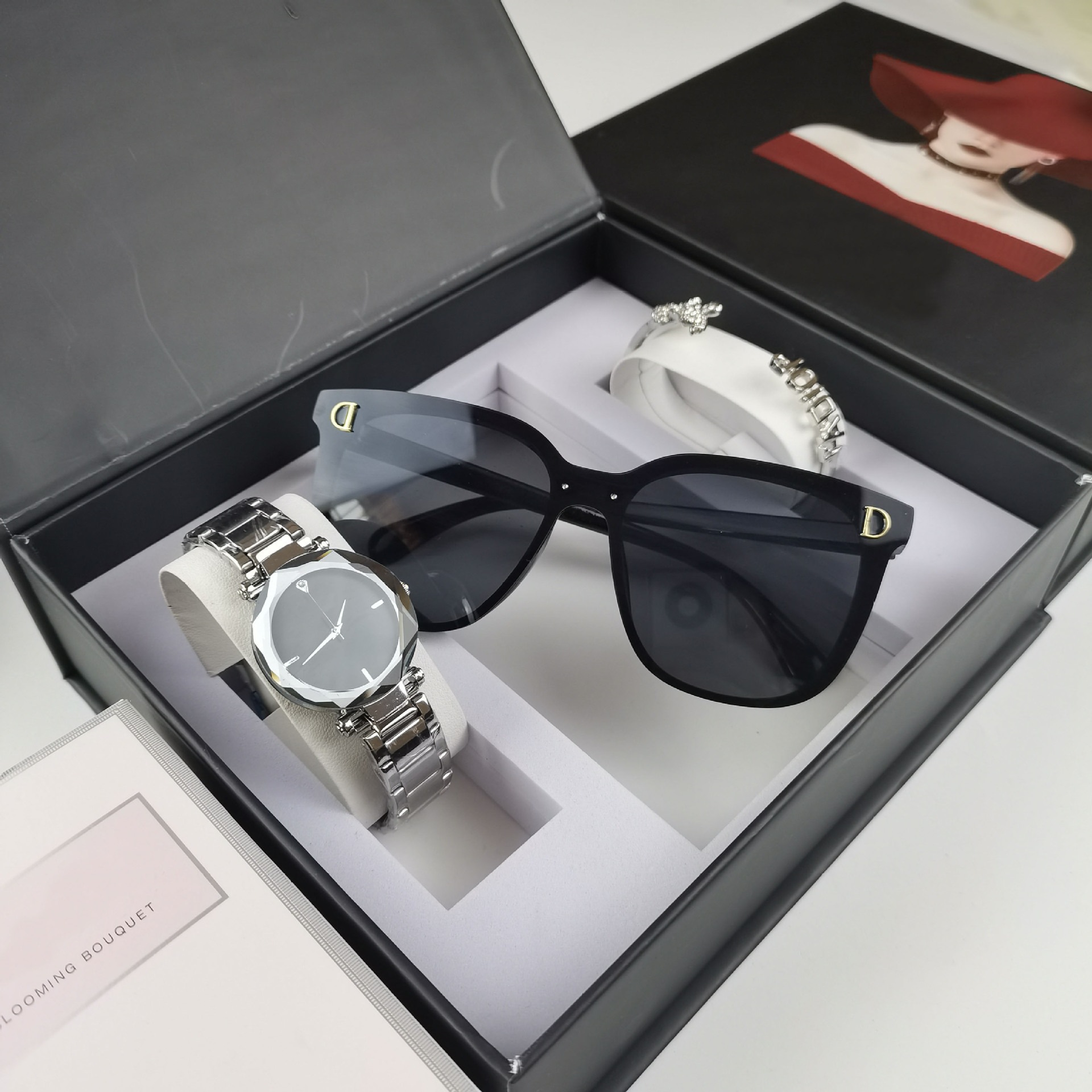 Watch and glasses set, a popular cross-border fashion item: stylish quartz watch, women's sunglasses, and bracelet, available for wholesale and dropshipping on Shopee